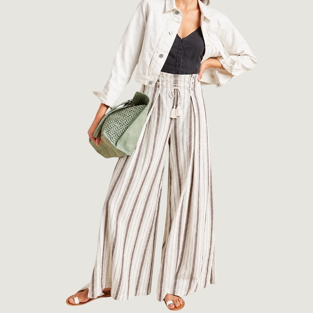 Anthropologie Chiara Corseted Wide Leg Pants Brown Motif Size 0 Linen Cotton